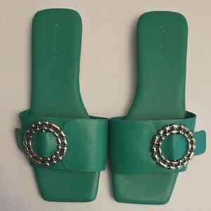 Green Slide Sandals with Buckle Detail